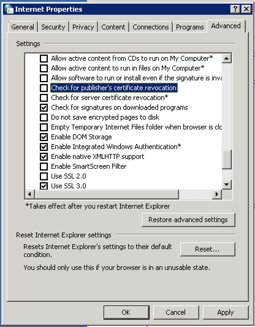 Internet Explorer Advanced Tab Security Settings: Check for publishers / server certificate revocation