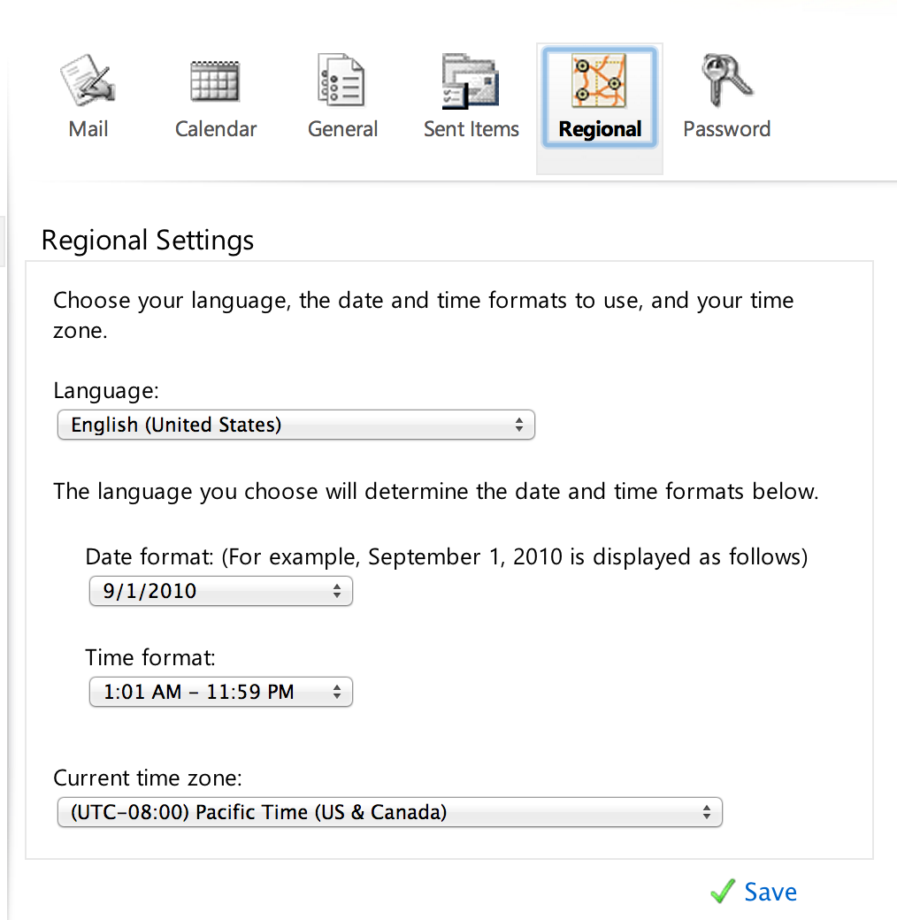 Outlook Web Access Regional, Language and Time Zone Settings