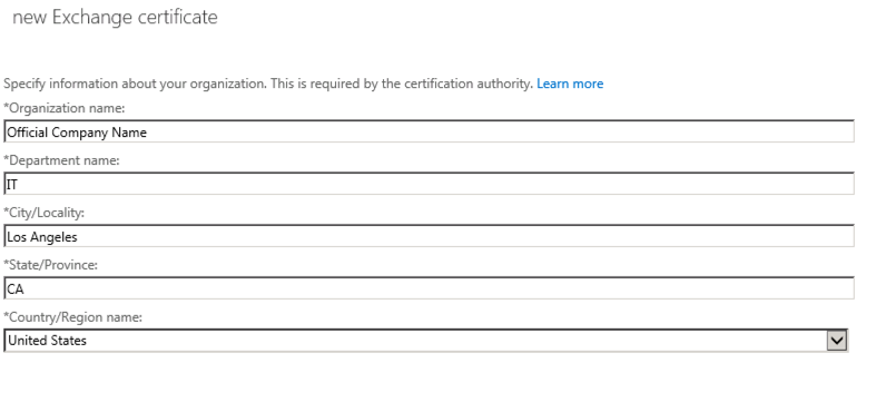 certificate request organization info